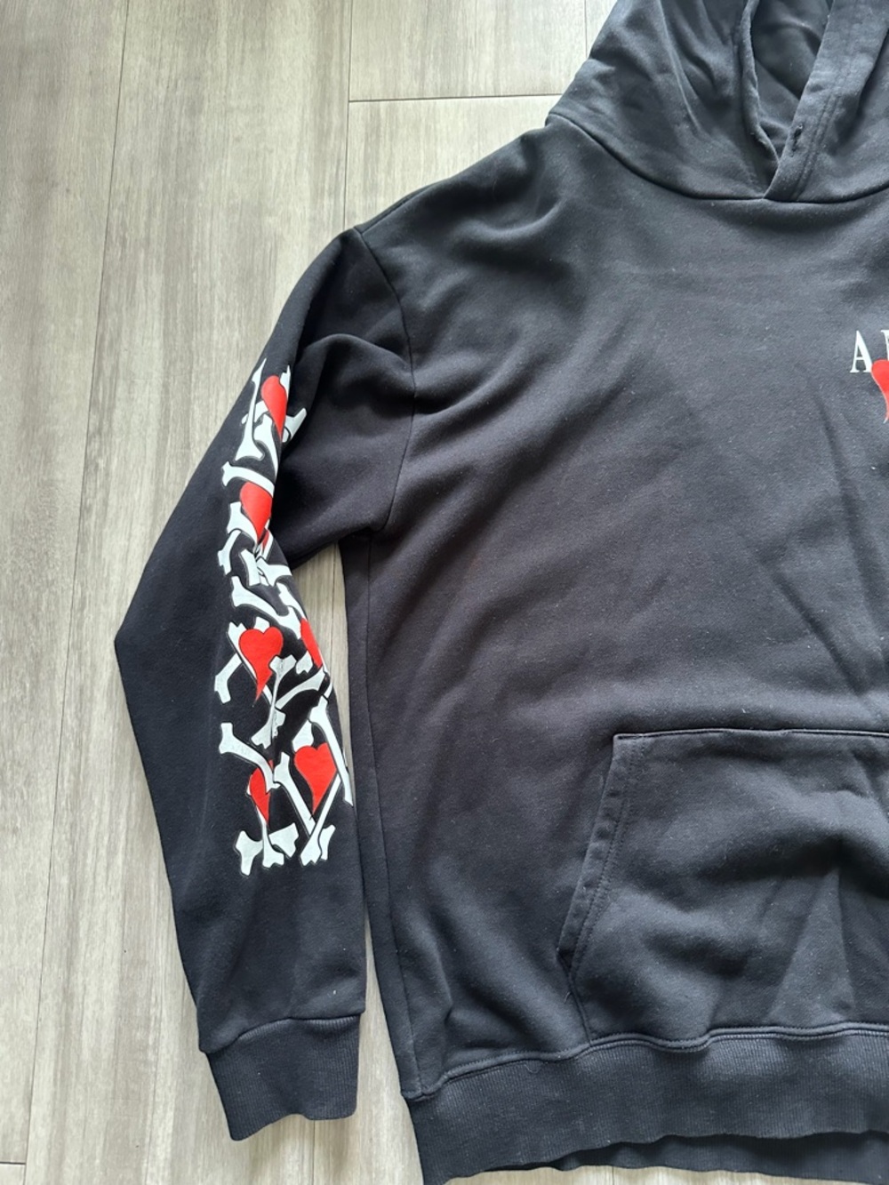 AMIRI Black Hoodie with Red & White Heart Sleeve Graphics (LARGE) - Picture 3 of 7